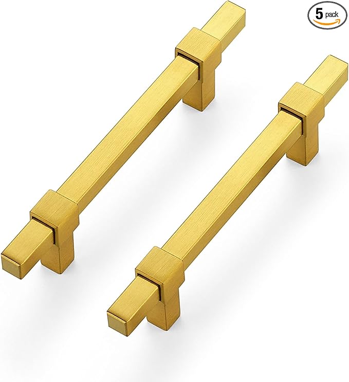 5 Pack Gold Cabinet Handles - 3-3/4" Hole Center Cabinet Pulls Drawer Pulls Cabinet Hardware Kitchen Handles for Cabinets
