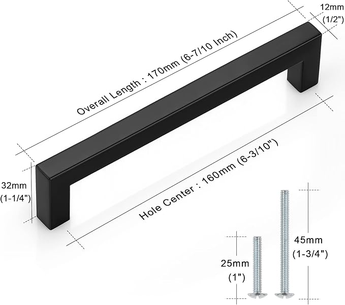 Probrico (5 Pack) Matte Black Square Drawer Pulls 6-3/10 Inch(160mm) Hole Center Cabinet Handles for Kitchen Bathroom Stainless Steel Modern Cabinet Hardware