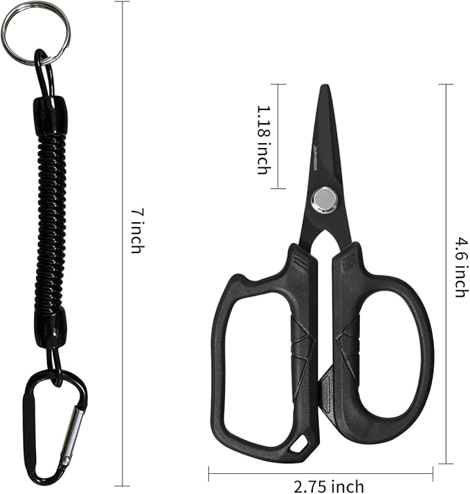 JARVISTAR 4.65" Fishing Scissors - Heavy Duty Line Cutter with Spring Clip Keychain, Dual Serrated Stainless Blades - Cuts Braided, Mono & Fluorocarbon Lines for Saltwater & Freshwater Black