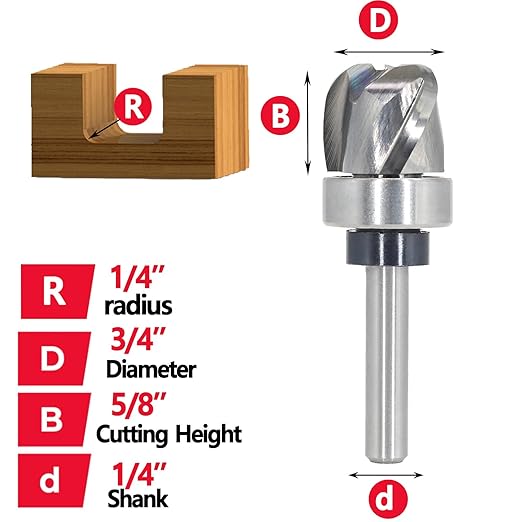 Pattern Flush Trim Router Bit 1/4 Shank, 3-Flute, 1/4" Radius, 3/4" Dia, 5/8" Height, Carbide Head Bowl & Tray Router Bits, Round Nose Cove Juice Groove Router Bit, for Making Wood Bowls/Trimming