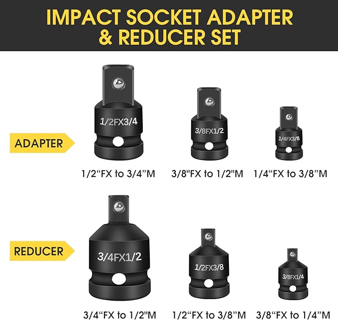 6 Pcs Impact Socket Adapter and Reducer Kit, Cr-V Steel Ratchet Adapter Set Impact Driver and Wrench Conversion Kit, 3/8 to 1/2 and 3/4 to 1/2 and 3/8 to 1/4 Socket Adapters