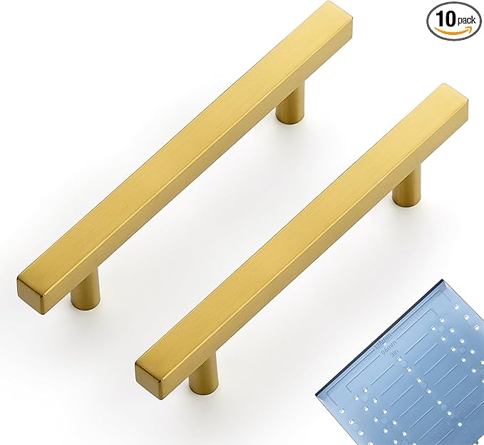 Ravinte 10 Pack 4 Inch Cabinet Pulls Gold Sqaure Kitchen Cabinet Handles Gold Cabinet Hardware Stainless Steel Drawer Pulls 6-2/5 Inch Overall Length with Mounting Template