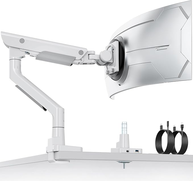 monTEK Sleek Aluminum Monitor Arm for 17??7??Ultrawide Screens up to 59.4 lbs, USB 3.0 A/C, Heavy Duty Single Monitor Arm Desk Mount, Pneumatic Lift, Quick-Release Plate, Clamp/Grommet, VESA 100x100