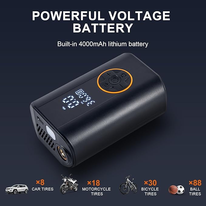Tire Inflator Portable Air Compressor, 150 PSI Cordless Air Pump for Car Tires with Digital Pressure Gauge, LED Light and Auto Shut Off Function, Bike Pump for Car, Motorcycle, Bicycle, Ball, Black