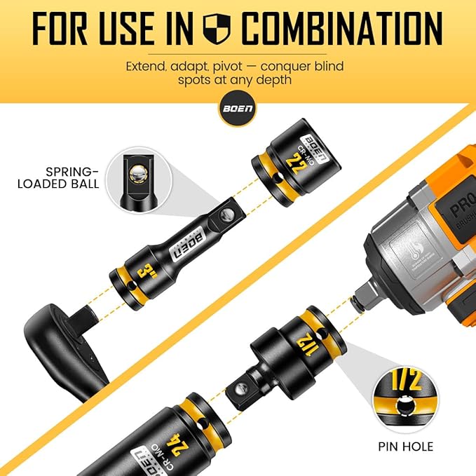 BOEN 40-Pieces 1/2" Drive Impact Socket Set, Metric (8-24mm) Deep & Shallow Socket, 6-Point Design, Yellow Embossed Marking, CR-MO Steel