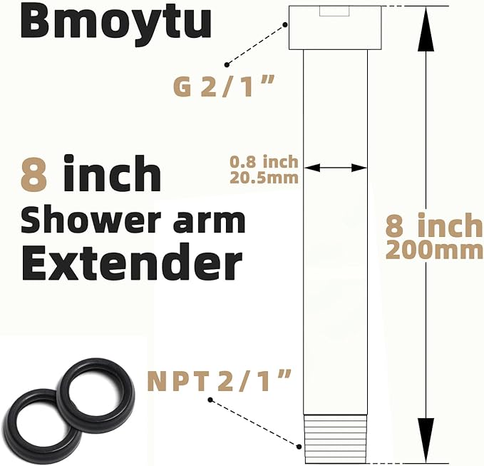 8 Inches Shower Head Extension Arm, Shower Arm Extender for Rain and Handheld Shower Head, Solid Stainless Steel Straight Bathroom Extension Arm,Female to Male NPT 1/2 Inch, (Polished Chrome)