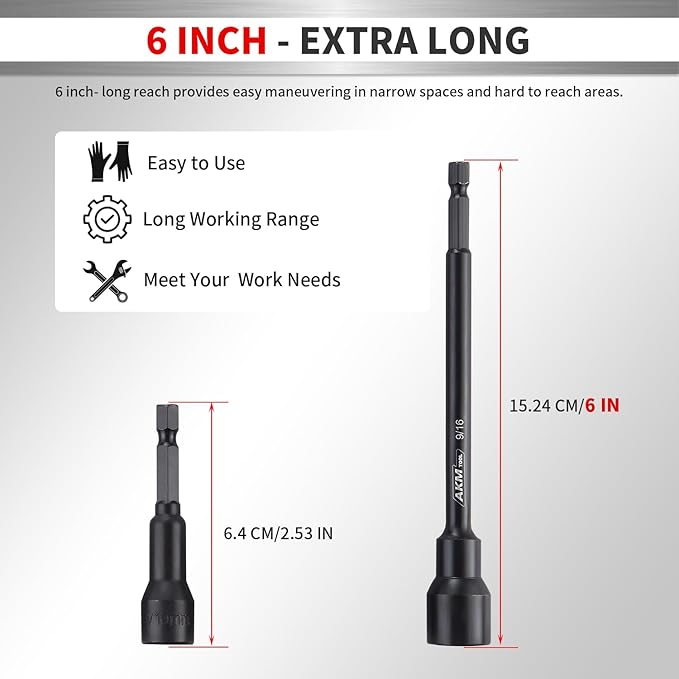 8PCS Magnetic Nut Driver Set, 6 Inches Long Nut Drivers, Nut Drivers for Impact Drill, Long Shank Nut Driver Bits, Nut Setter | 1/4"Hex Shank | Metric | Cr-V Steel