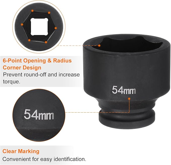 HARFINGTON 6-Point Impact Socket 3/4" Drive 54mm Metric 40Cr Alloy Steel Spindle Axle Nut Impact Socket