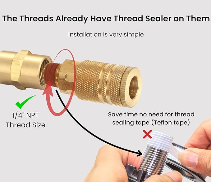 1/4 Inch Brass Male Industrial Coupler, 2 Pack Air Hose Fittings NPT Male Quick Connector Air Coupler with sealant for Professional Jobsites and Automotive Shops