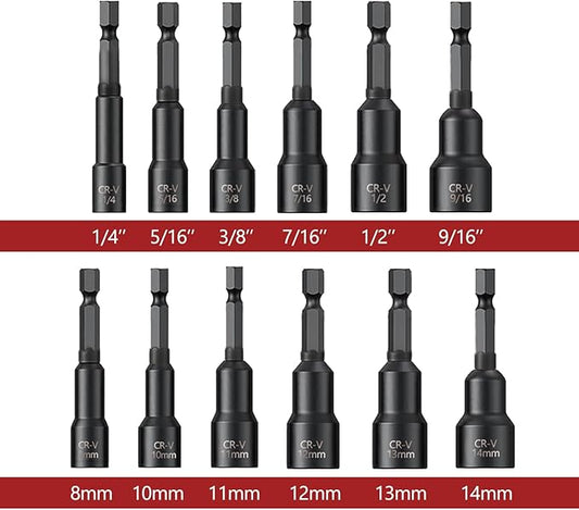12Pcs Magnetic Nut Driver Set,Impact Power Hex Nut Driver Drill Bit Master Kit, SAE & Metric, 1/4-Inch Quick-Change| Cr-V Steel