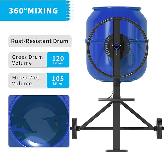 4.5 Cu.Ft. Electric Cement Mixer, 120L Dumb Portable Concrete Mixer with wheel&Stand,120V Mortar For Concreat,Mortar,Feeds and Seeds, Blue