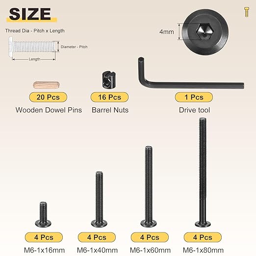 METALLIXITY Furniture Crib Screws Replacement Set with Wrench(M6-1x16/40/60/80mm) 52Pcs, Connector Bolt M6 Screw Barrel Nuts Binding Screws, for Chair Cabinet Bed, Black