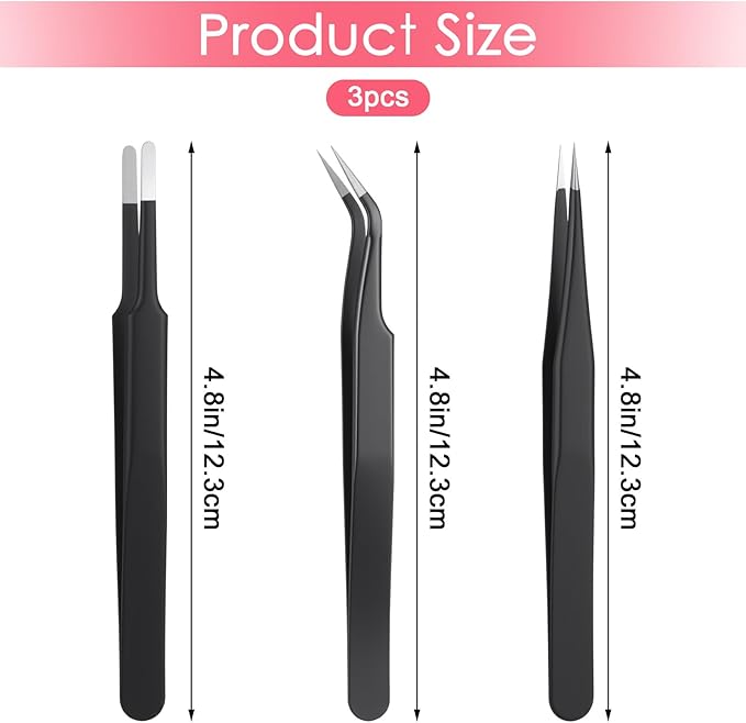 3Pcs Needle Nose Tweezers Set, Stainless Steel Fine Point Tweezers, Precision Anti Static ESD Safe, Curved Needle Nose Tweezer for Electronics Repair, Model Building, Craft, Jewelry, Laboratory Work