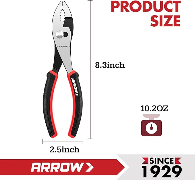 ARROW Slip Joint Pliers, 8 Inch High Carbon Steel Pliers Tool with Rust Resistant Finish, Comfortable TPR Handle, 3-Zone Jaw for Gripping, Tightening, or Loosening Nuts and Bolts