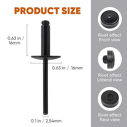 ALLCLEAN 100pcs All Black Large Flange Blind Rivets,3/16 * 5/8" Open End Aluminum Rivets,4.8 * 16 Pop Blind Rivet