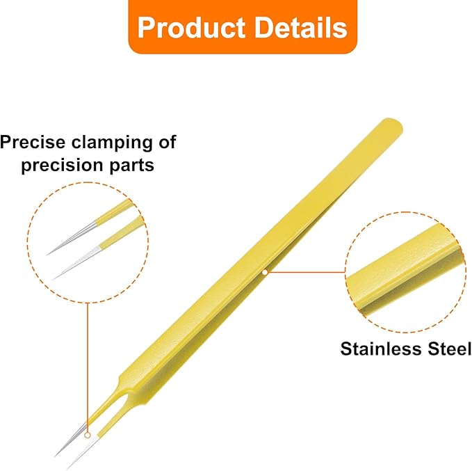 HARFINGTON 2pcs Stainless Steel Precision Tweezers 6.3 Inch Long Handle Pointed Tip Tweezers Multi Purpose for Craft Industrial Work Laboratory Use, Yellow