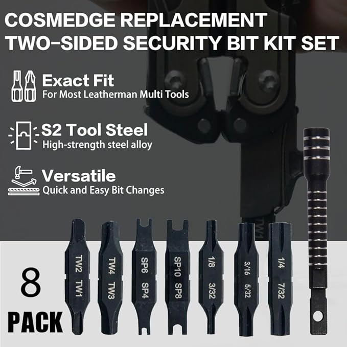Security Bit Kit Set with Magnetic Extension Bit Holder for Leatherman, Replacement Double-Ended Flat Spanner Tri-Wing Clutch Screwdriver Bits for Leatherman Multi-Tool Accessories,8Pack