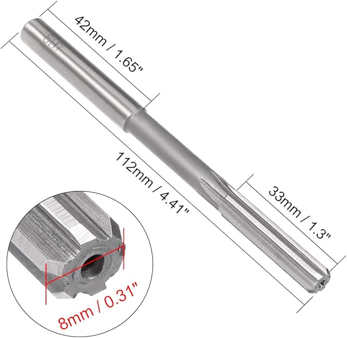 uxcell Chucking Reamer 8mm, H7 HSS Lathe Machine Reamer 6 Straight Flutes, Round Shank Milling Cutting Tool, Metric Reaming Drill Bit for Stainless Steel Metal Hole