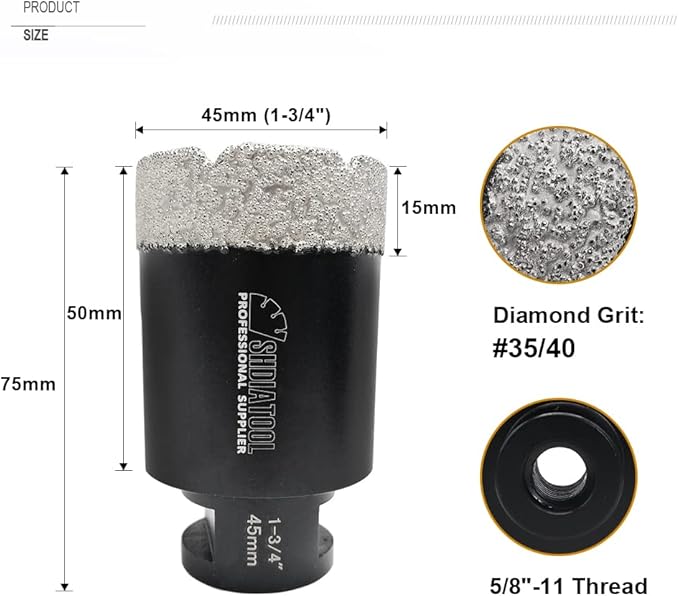 SHDIATOOL 1-3/4 Inch Diamond Core Drill Bit for Porcelain, Ceramic Tile, Marble, Brick ??Vacuum Brazed Hole Saw, 45mm, 5/8-11 Thread, Wet/Dry Drilling