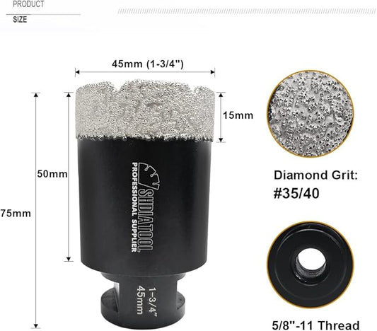 SHDIATOOL 1-3/4 Inch Diamond Core Drill Bit for Porcelain, Ceramic Tile, Marble, Brick ??Vacuum Brazed Hole Saw, 45mm, 5/8-11 Thread, Wet/Dry Drilling