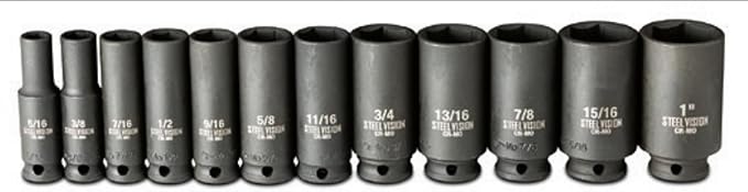 Steel Vision 12 pc 3/8 in Drive SAE (5/16 to 1 Inch) Impact Deep Socket Set, Chrome-Moly Steel, Laser-Etched Markings, Deep Well, Heavy Duty Sockets for Impact Wrenches