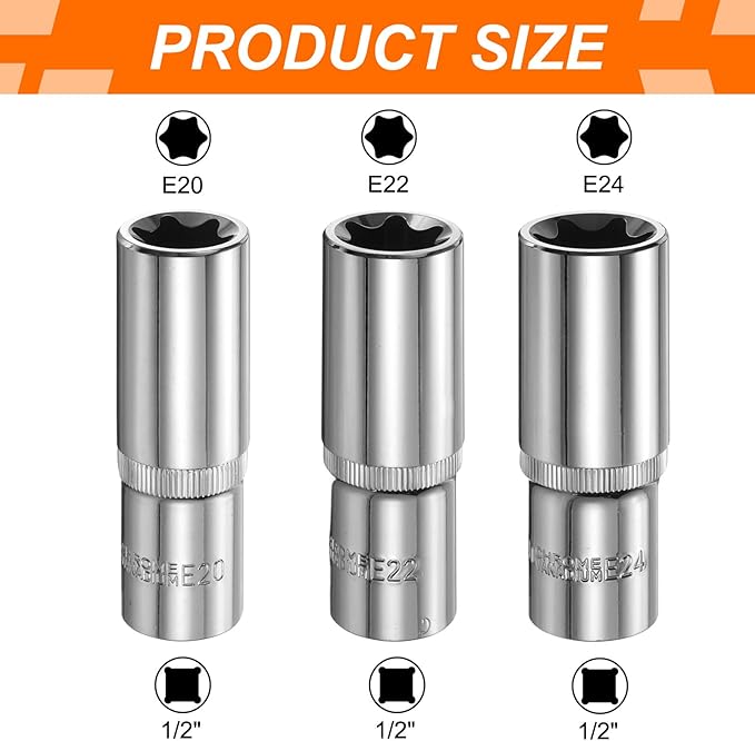 HARFINGTON 3pcs E-Torx Socket 1/2" Drive E20-E24 Star Female Socket 3.1" Length External Torx Deep Sleeve Chrome Plating 6 Point Spline Sleeve for Auto Repairs Home Maintenance