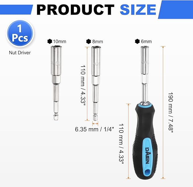 HARFINGTON Metric Nut Driver 6mm/8mm/10mm CR-V Non-Magnetic Detachable Tip Hollow Shafts Hex Socket Screwdriver with Anti-Slip Handle for Automobile Repair Bit Driver, Blue/Black