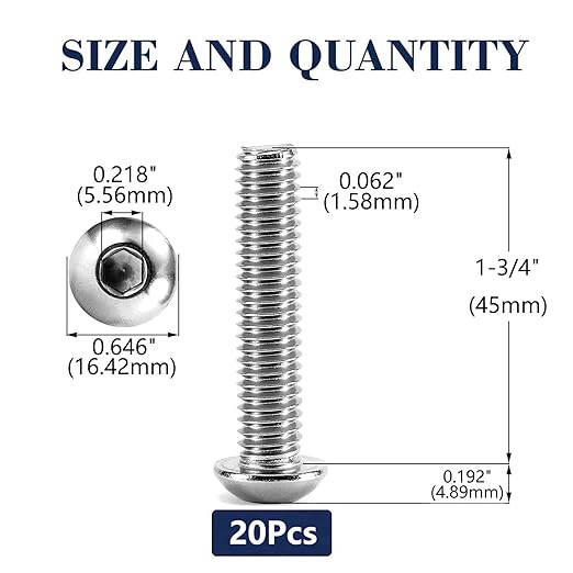 3/8-16 x 1-3/4" Button Head Socket Cap Bolts Screws, 20Pcs 304 Stainless Steel 18-8, Allen Hex Drive, Bright Finish by SG TZH(with Hex Spanner)