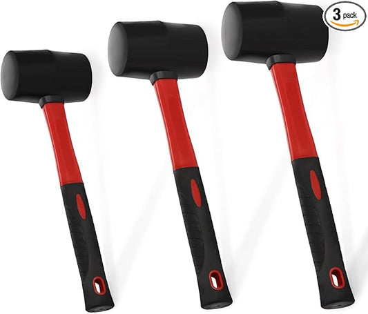 Peohud 3 Pack Rubber Mallet Hammer, 24/16/8 Oz Durable Camping Hammer with Fiberglass Handle, Soft Blow Mallet for Flooring, Tent Stakes, Woodworking, Construction and Home Renovation