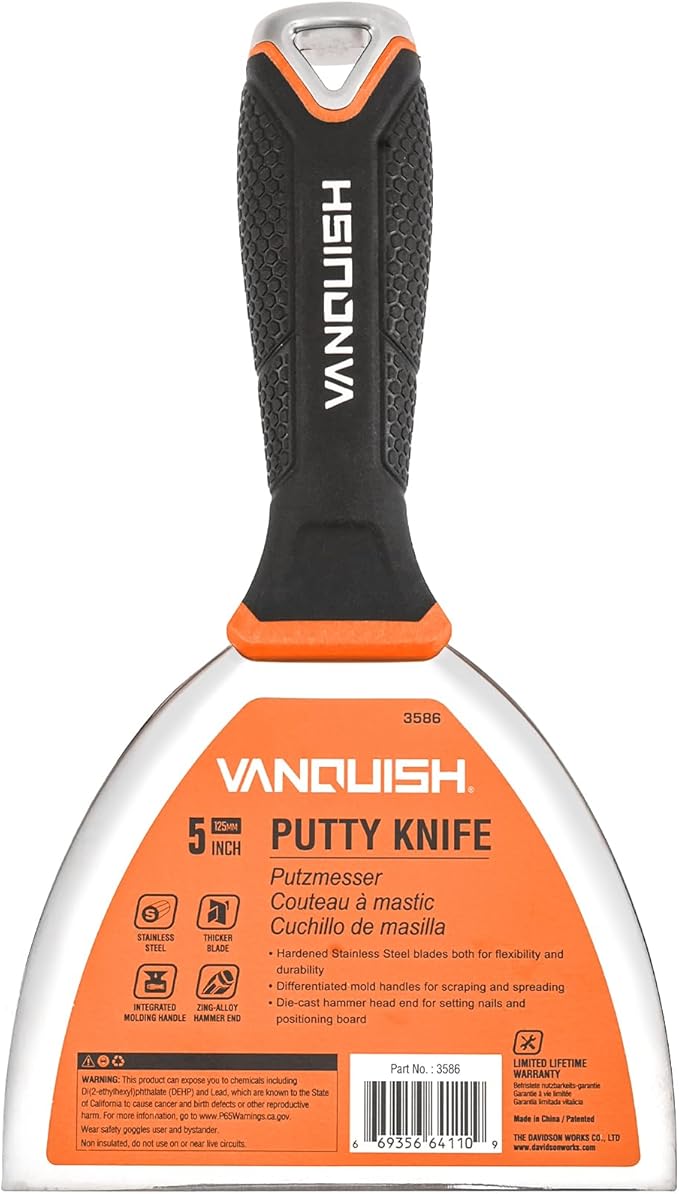 VANQUISH Stainless Steel Putty Knife, 5 Inch Paint Scraper with Soft Grip Handle and Metal Hammer End for Drywall Spackle, Taping, Scraping Paint 3586