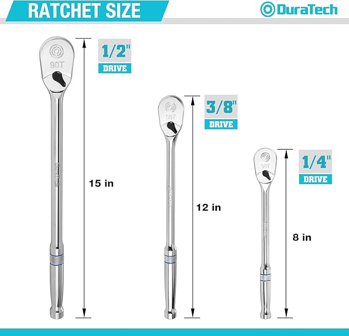 DURATECH 3-Piece Extra Long Drive Ratchet Handle, 1/4", 3/8", 1/2" 90-Tooth Ratchet Wrench with Dust Proof Teardrop Enclosed Head, Reversible, CR-V Steel Made, CR-MO Head, Full Polished, Gifts for Men
