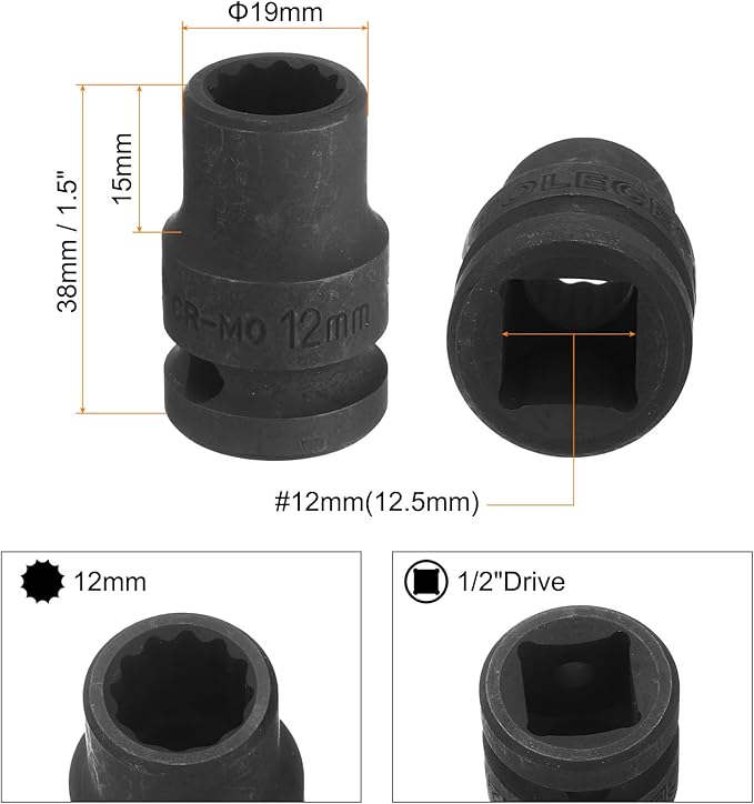 uxcell 1/2" Drive x 12mm Shallow Impact Socket 12-Point Metric CR-MO Steel Nut Impact Grade Socket for Auto Repair