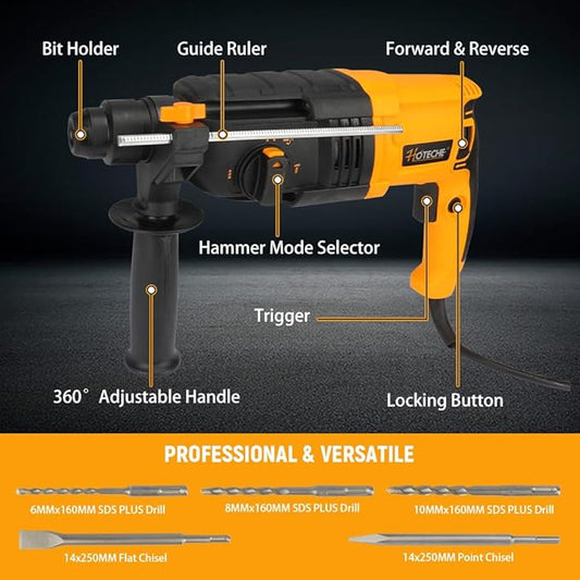 Hoteche 5.17 Amp SDS-Plus Rotary Hammer Drill, 4-Function 24mm (15/16") ??2.6J Impact Energy, 0??850 BPM, Variable Speed ??6 Drill Bits, 2 Chisels, UL Plug, Carrying Case ??For Concrete, Wood, Steel