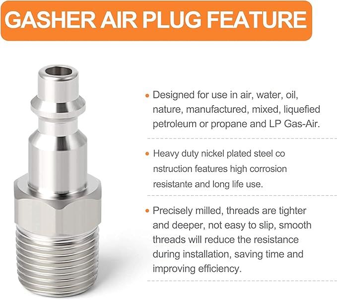 GASHER 3/8-Inch NPT Male Industrial Air Plug,1/4-Inch High Flow Pneumatic Plugs 300PSI (10-Pack)