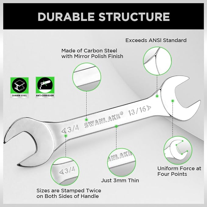 SWANLAKE 19Pcs Super-Thin Open End Wrench Set with Rolling Pouch, Carbon Steel SAE & Metric, 1/4" to 1-1/16" and 5.5mm to 27mm Slim Spanner Wrench Set (19pcs METRIC & SAE)