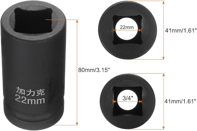 HARFINGTON 4 Point Square Socket 3/4" Drive by 22mm Metric Square Impact Socket 40CR Blackening Standard Wheel Sockets Pneumatic Socket Tool for Auto Repair Mechanical Maintenance Home Use