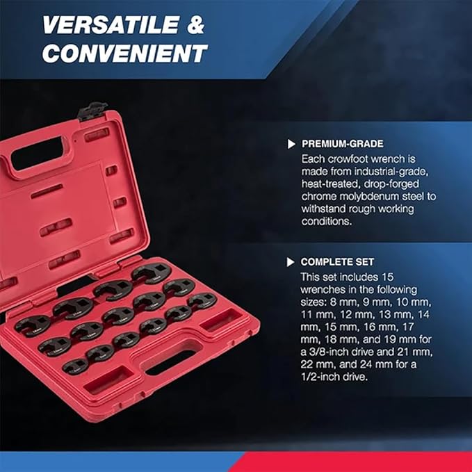 Neiko 03324A Crowfoot Wrench Set 1/2" and 3/8??Drive, 15 Piece, Metric Crows Foot Wrench Sizes 8mm-24mm, Chrome-Moly Flare Nut Wrench Set