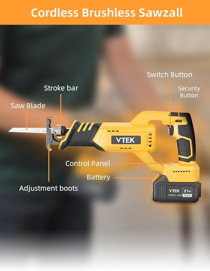 VTEK Brushless Cordless Reciprocating Saw,3 Level Speed Setting,Cordless Power Reciprocating Saw,0-3000RPM Reciprocal Saw,Reciprocating Saws for Woods/Metal/Plastic/Brick Cutting