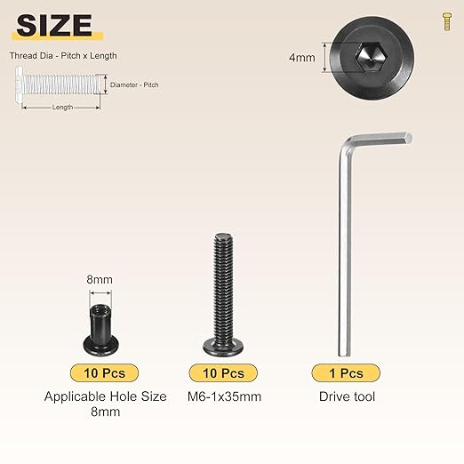 METALLIXITY Furniture Crib Screws Replacement Set with Wrench(M6-1x35mm) 20Pcs, Connector Bolts M6 Screw Barrel Nuts Binding Screws, for Chair Cabinet Bed, Black