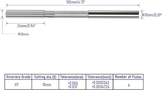 Chucking Reamer 10mm, H7 HSS Cobalt M35 Lathe Machine Reamer Metric, 6 Straight Flutes, Round Straight Shank Milling Cutting Tool, for Stainless Steel Alloy Copper Metal