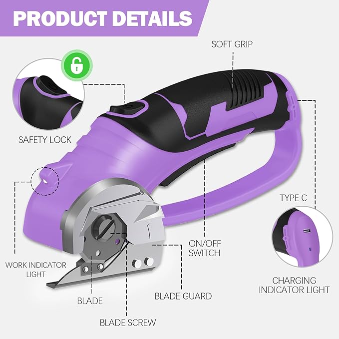 Cordless Electric Scissors, 4V Box Cutter & Cardboard Cutter with 2 Titanium Blades - Rotary Cutter with LED Light for Fabric, Leather, Carpet, Plastic, Crafting + Storage Case (Purple)