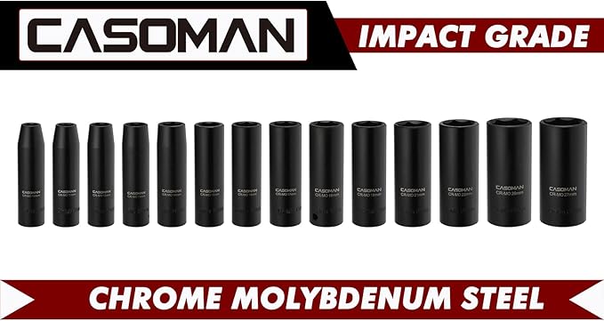 CASOMAN 1/2-Inch Drive Deep Impact Socket Set, 14 Pieces Set, 10mm-27mm, CR-MO, Metric, Heavy Duty Storage Case