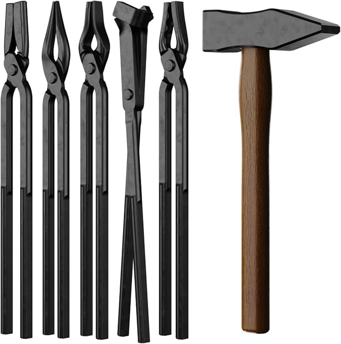 6PCS Blacksmith Tools with Blacksmith Tongs and Blacksmith Hammer,V-Bit Blade, Wolf Jaw, Scrollings,Flat,Square Jawand Assembled Blacksmithing Tongs for Forging Tools and Equipment