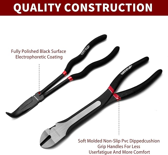 WISEUP 5Pcs Long Needle Nose Pliers Set 竊똏remium Carbon Steel竊?1" Long Reach Straight 竊?5째 Bent Nose 竊?0째 Bent Nose Plier竊똃iagonal Pliers for Narrow Spaces