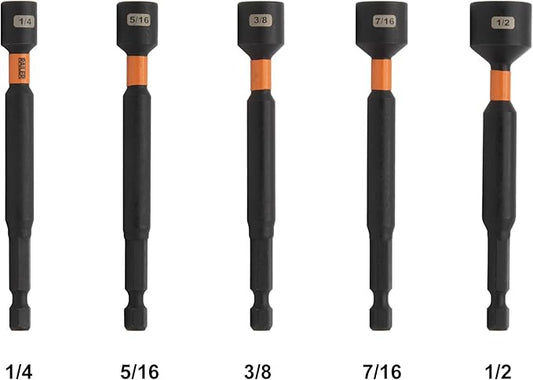 Railer Nut Driver Set - Premium 4 Inch 5-Piece Nutsetter Bit Set With A Storage Bit Holder & Carabiner