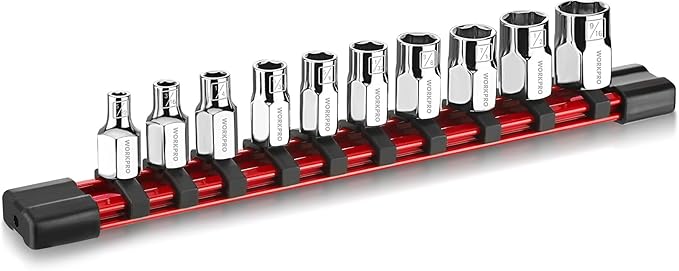WORKPRO 1/4" Drive Socket Set, 10-Piece SAE CR-V Socket Set with Sturdy Socket Organizer, 6-Point Standard & Shallow Sockets 5/32" to 9/16", External Hex Socket Set with Socket Rail for Anti Rolling