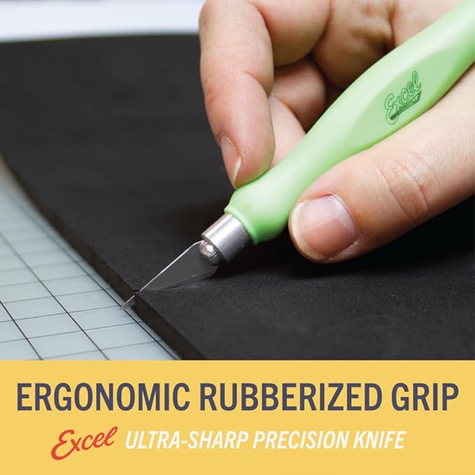 Excel Blades Fit Grip Craft Knife With #11 Ultra-Sharp Carbon Steel Angled Blade ??Precision Craft Knife With Contoured Rubberized Grip For DIY, Art, Hobby, And Model Projects ??Black, Made In The USA