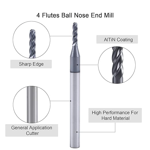 XYunEnZ ISB Ball Nose End Mill Cutter, 1/16" Diameter, 1/8" Shank Diameter, 4 Flute Micro Grain Carbide Mrill Bits CNC Router Bits for Hardened Steel, Stainless Steel, Alloy Steel, Aluminum, Suitable