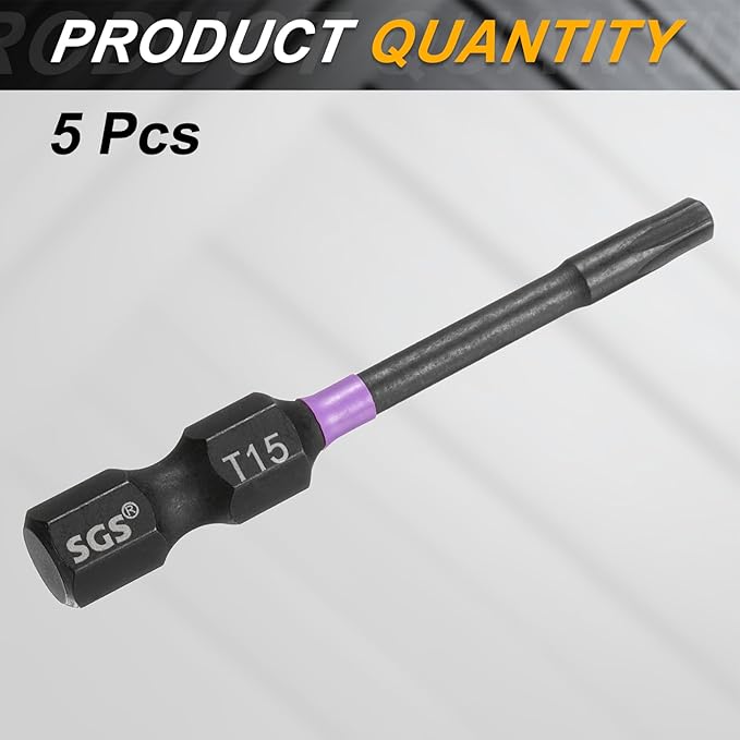 HARFINGTON 5pcs T15 Torx Head Impact Screwdriver Bits 1/4" Hex Shank 2" (50mm) Long Magnetic No Hole Tamper Proof 6 Point Star Screw Driver Drill Bits Phosphate S2 Steel Power Tools