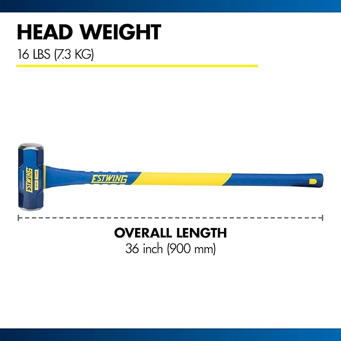 Estwing 16-Pound Hard Face Sledge Hammer for Demolition/Stake Driving, 50-55 HRC, 36-Inch Fiberglass Handle, Overstrike Protection, Textured Grip